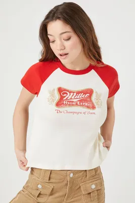 Women's Ribbed Knit Miller Beer Raglan T-Shirt in Cream, XL