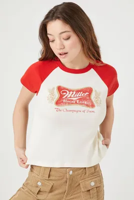 Women's Ribbed Knit Miller Beer Raglan T-Shirt in Cream Medium