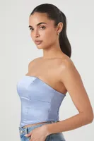 Women's Cropped Satin Tube Top in Blue Medium