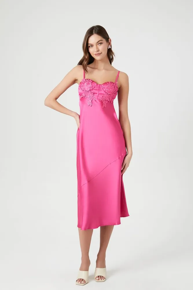 Women's Lace-Trim Satin Midi Slip Dress in Fuchsia Large