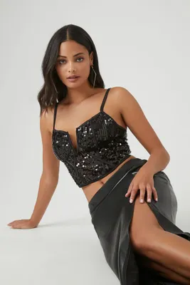 Women's Sequin Bustier Cropped Cami in Black Large