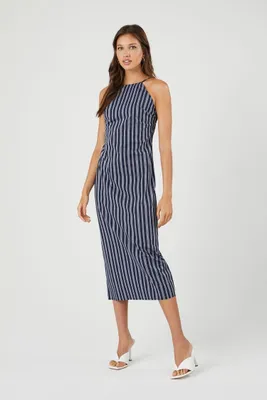 Women's Striped Poplin Midi Dress in Navy Medium