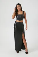 Women's Faux Leather Slit Midi Skirt in Black Small