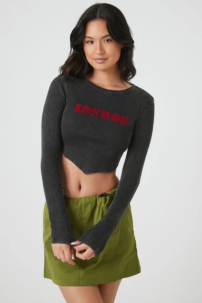 Women's Ribbed London Graphic Cropped T-Shirt in Charcoal Medium