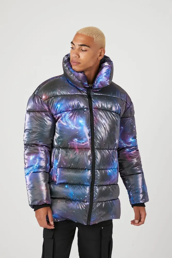 Men Galaxy Print Puffer Jacket in Grey, XL