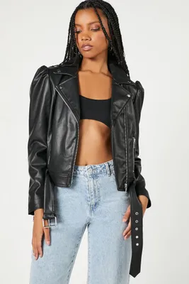 Women's Puff-Sleeve Moto Jacket in Black, XS