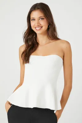 Women's Sweater-Knit Strapless Peplum Top in White Small