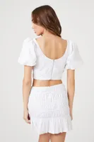 Women's Puff Sleeve Crop Top & Mini Skirt Set in White, XL