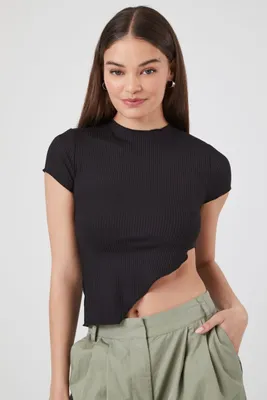 Women's Ribbed Asymmetrical Crop Top in Black Medium