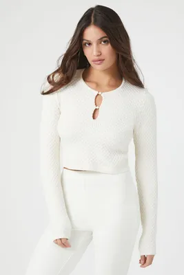 Women's Sweater-Knit Cutout Crop Top in Cream Large