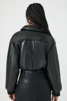 Women's Cropped Faux Leather Bomber Jacket in Black, XS