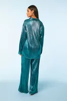 Women's Ribbed Metallic Shirt & Pants Set in Teal Small