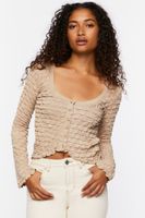 Women's Textured Long-Sleeve Crop Top in Khaki, XL