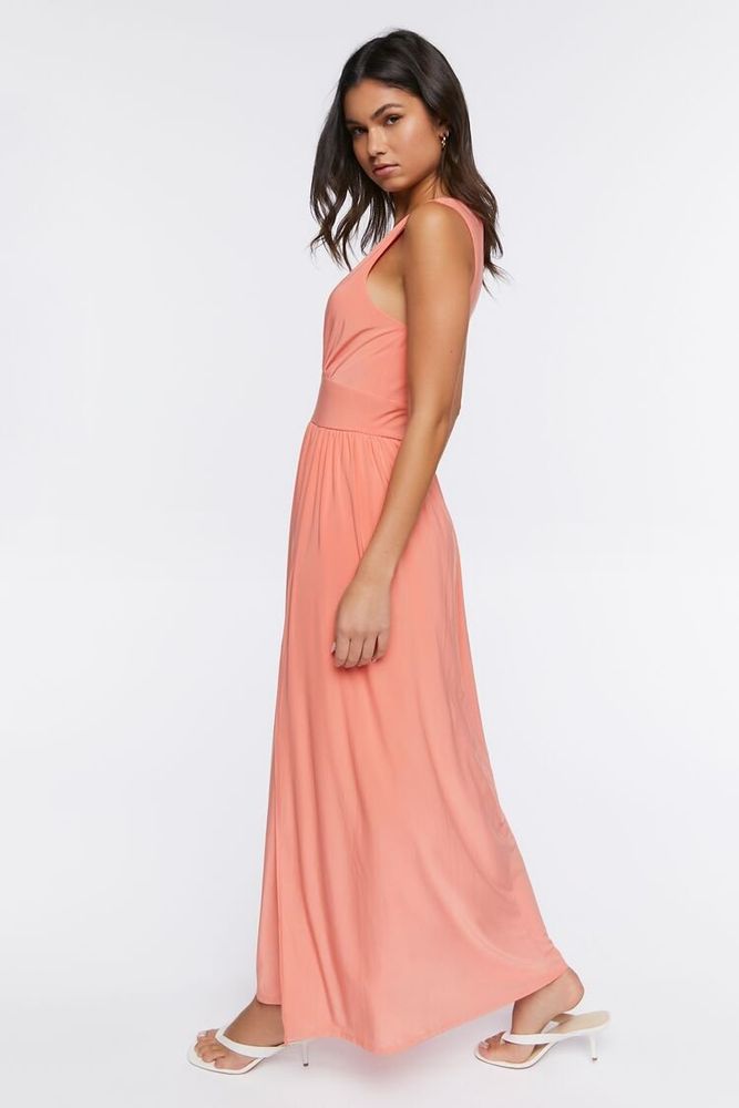 Women's Plunging Slit Maxi Dress in Neon Coral Small