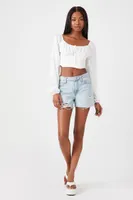 Women's Satin Peasant-Sleeve Crop Top in White Small