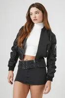 Women's Faux Leather Ruched Bomber Jacket in Black Large