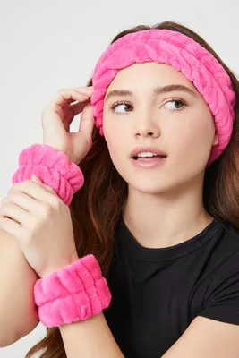 Plush Headwrap & Wristband Set in Hot Pink