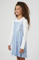 Girls Sequin Dress & Tee Set (Kids) in Blue/Cream, 13/14