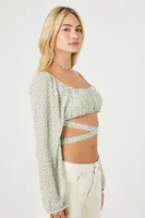 Women's Floral Wraparound Crop Top in Sage/White Small