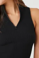 Women's Seamless Ribbed-Knit Zip-Up Tank Top in Black Large