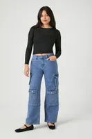 Women's Straight-Leg Cargo Jeans in Medium Denim Small