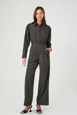 Women's Pinstriped Straight-Leg Jumpsuit in Black Small