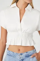 Women's Plunging Shirred Flounce Crop Top in White Small