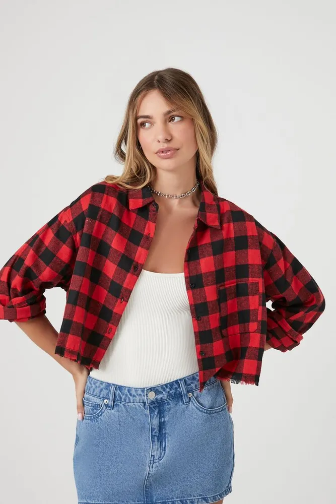 Women's Buffalo Plaid Cropped Flannel Shirt Red/Black