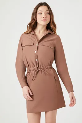 Women's Button-Front Mini Shirt Dress in Brown, XL