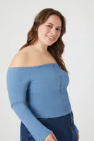 Women's Ribbed Off-the-Shoulder Top Dusty Blue,