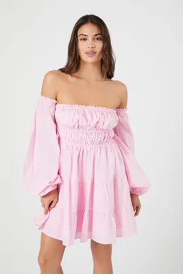 Women's Off-the-Shoulder Babydoll Mini Dress in Pink Small