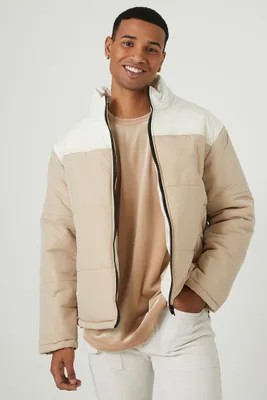 Men Zip-Up Colorblock Puffer Jacket in Cream/Taupe, XXL