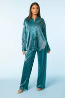 Women's Ribbed Metallic Shirt & Pants Set in Teal Small