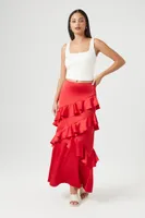 Women's Chiffon Ruffle-Trim Maxi Skirt in Red Large