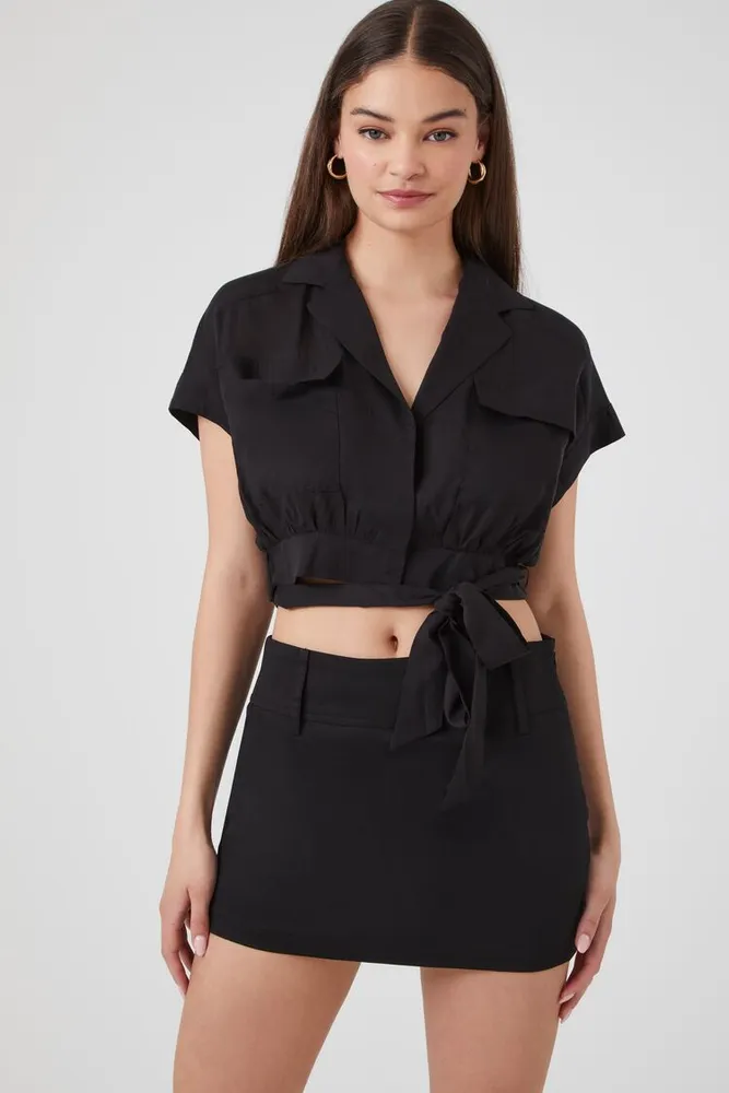 Women's Chambray Tie-Hem Crop Top in Black Small