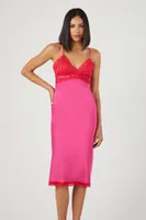 Women's Satin Lace-Trim Midi Dress in Currant/Fuchsia Small