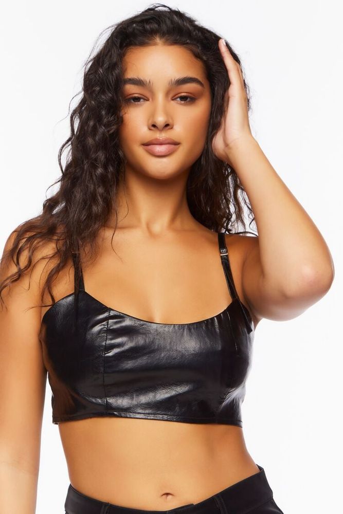 Women's Faux Leather Cropped Cami in Black, XL