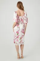 Women's Satin Lace-Trim Floral Midi Dress in Ivory/Pink Small