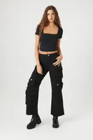 Women's Ribbed Ruched Square-Neck Crop Top Black