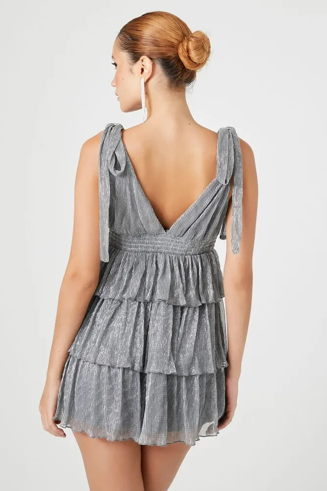 Women's Metallic Ruffle Mini Dress in Silver Small