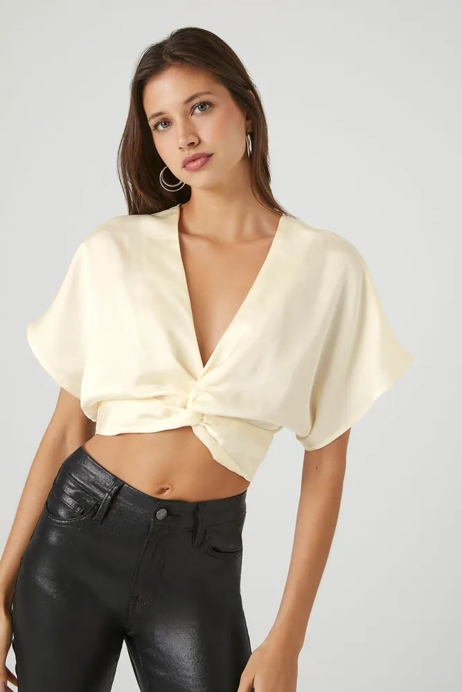 Satin Patterned Twist Front Crop Top