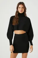 Women's Sweater-Knit Turtleneck Top & Skirt Set in Black, XXL