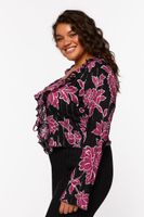 Women's Floral Ruffled Split-Hem Top in Black, 1X