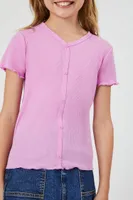 Girls Lettuce-Edge Henley Top (Kids) in Pink, 7/8