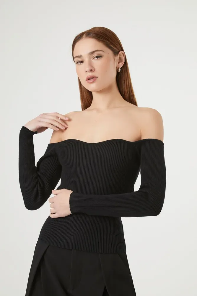 Women's Sweater-Knit Off-the-Shoulder Top in Black Small