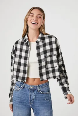 Women's Buffalo Plaid Cropped Flannel Shirt in Black/White Large