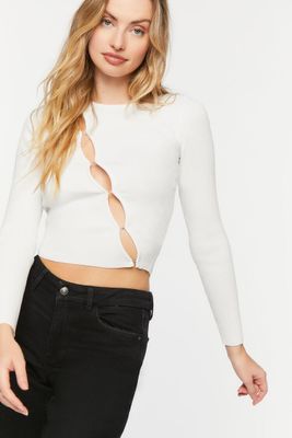 Women's Cutout Long-Sleeve Cropped Sweater Ivory