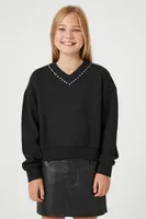 Girls Rhinestone-Trim Pullover Sweater (Kids) in Black, 5/6