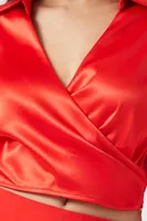 Women's Satin Surplice Crop Top Red