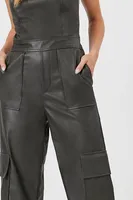 Women's Faux Leather Tube Cargo Jumpsuit in Charcoal, XS